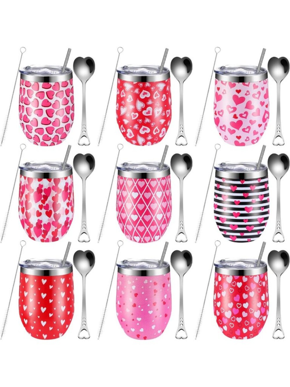 9 Pcs Valentine's Day Tumblers Set - 12 oz Stainless Steel Wine Cups with Heart